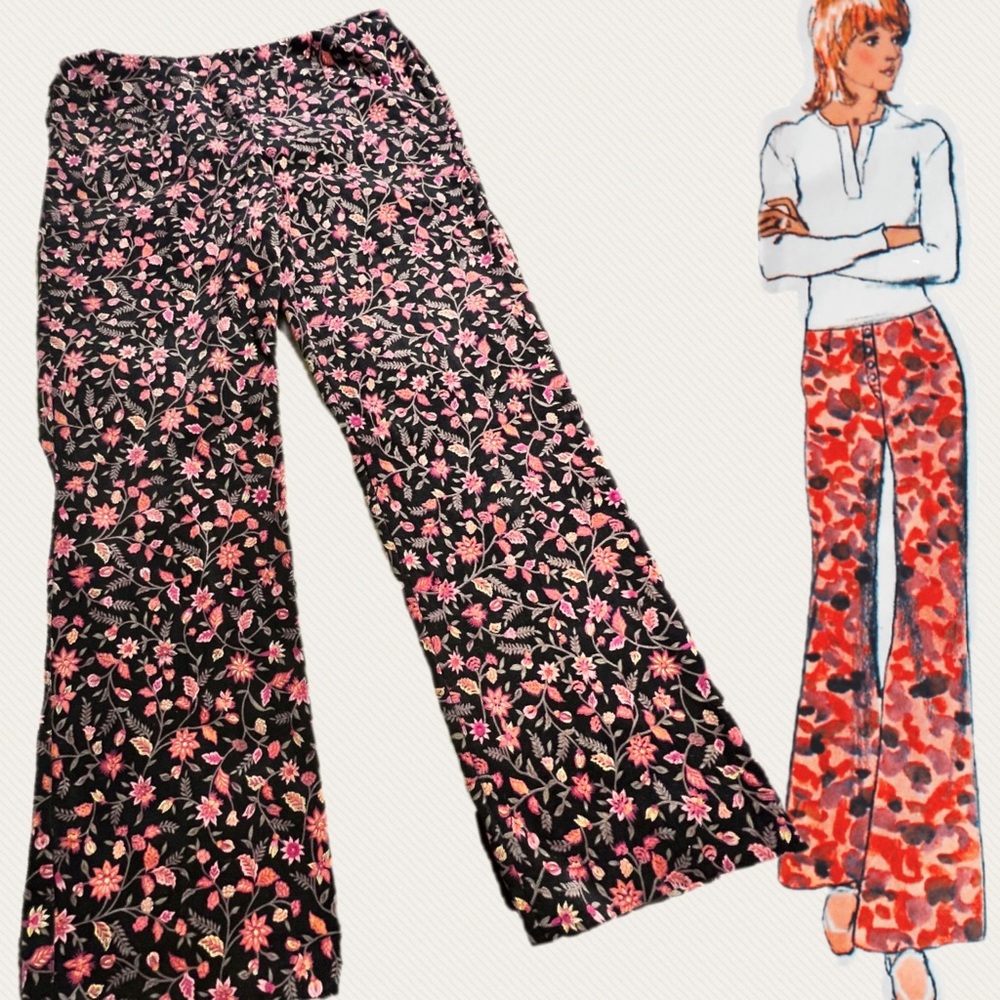 VINTAGE autumn floral fine wale corduroy trouser pants flat front wide leg 90s